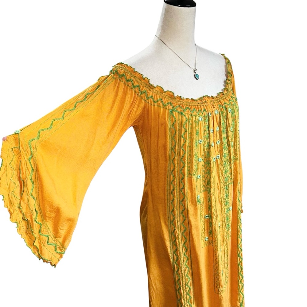 Poupette St. Barth Yellow Embroidered Off Shoulder‎ Smocked Resort Mini Dress